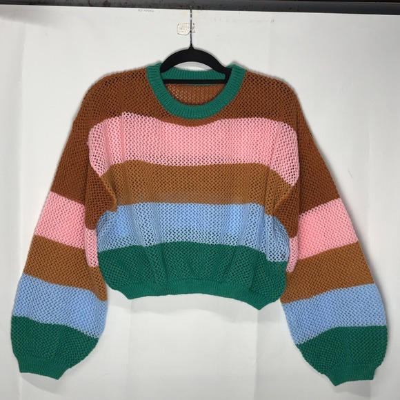 Colorful Striped Open Knit Sweater Cropped Pullover Pastel Women's Large Artsy - Picture 1 of 9